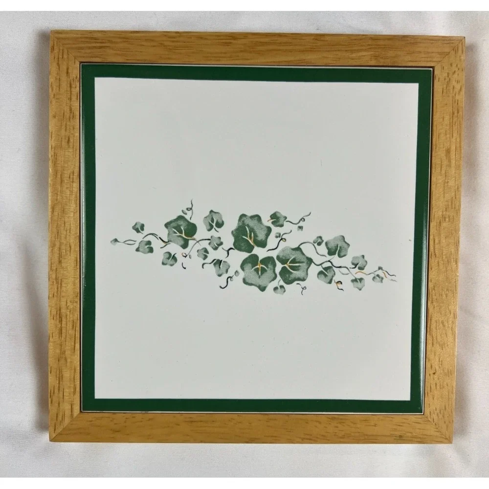 Vintage Callaway Ivy Ceramic Tile Trivet Wood Frame Green White 7